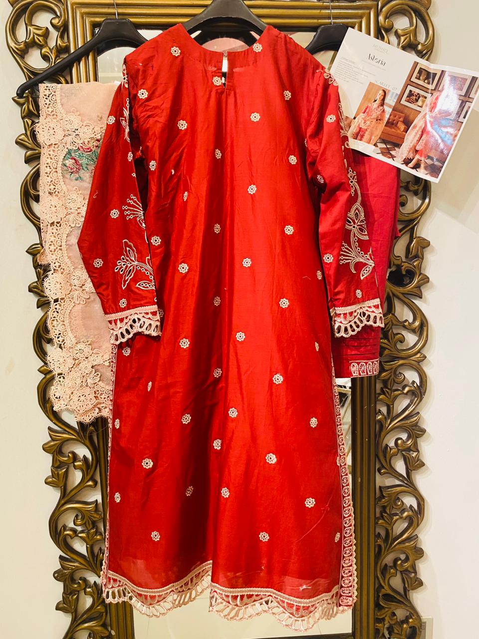 Mushq Astoria Stitched 3 Piece Embroidered Lawn Suits D-07 Scarlet - Luxury Summer Collection D & M COLLECTION AND NIZAMI JEWELRY