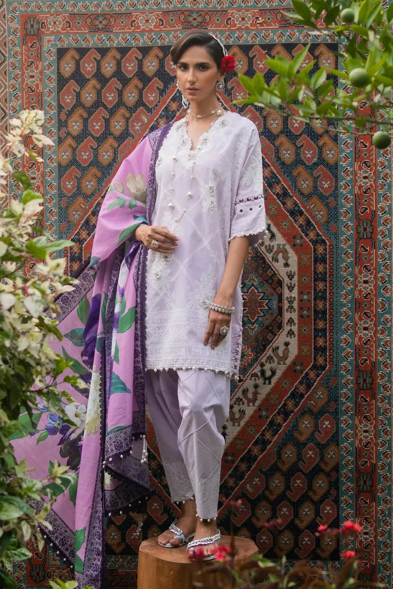 Muzlin By Sana Safinaz Stitched 3 Piece Embroidered Chambray Suit SS23MZ 12A - Purple - Summer Collection