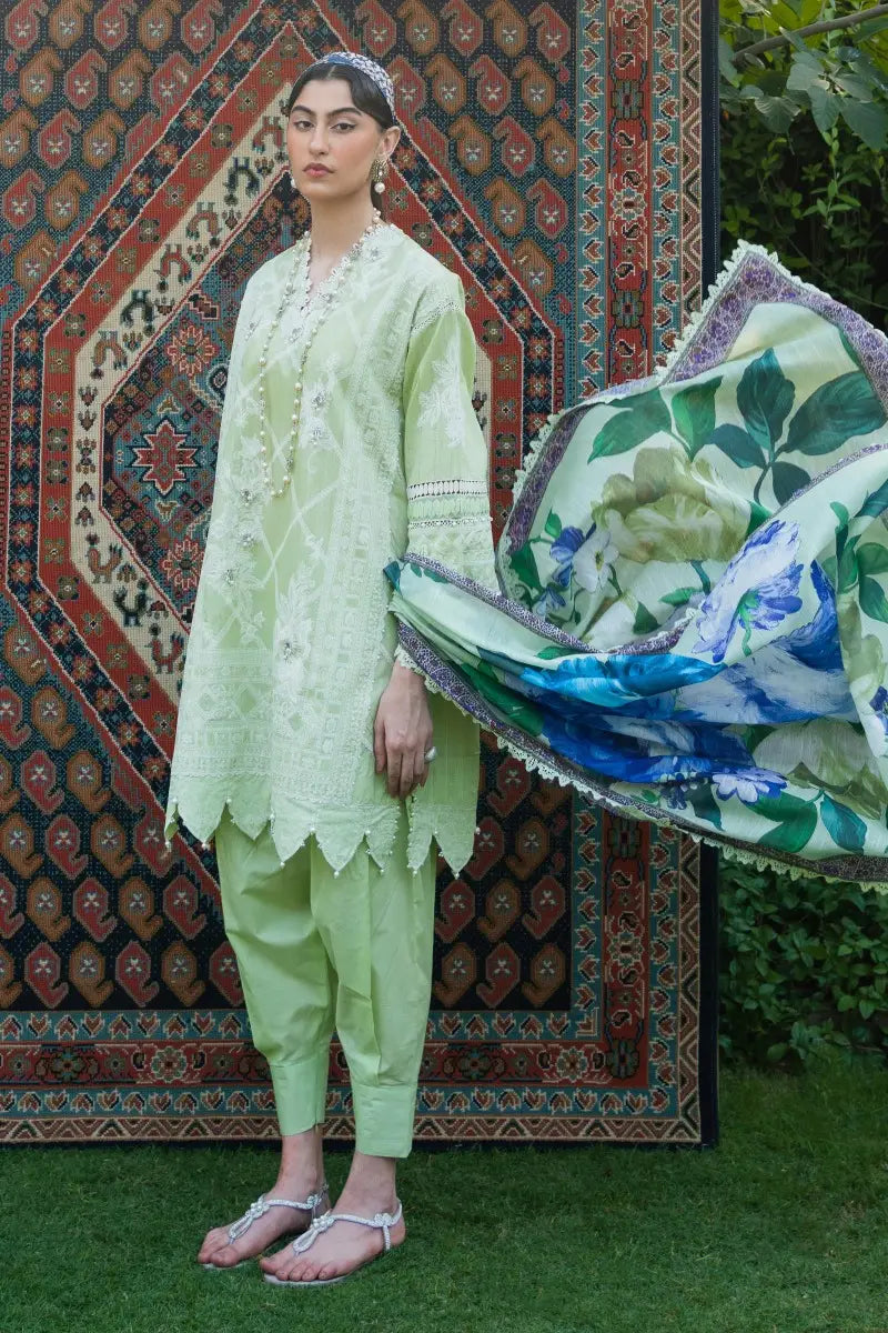 Muzlin By Sana Safinaz Stitched 3 Piece Embroidered Chambray Suit SS23MZ 12B - Green - Summer Collection