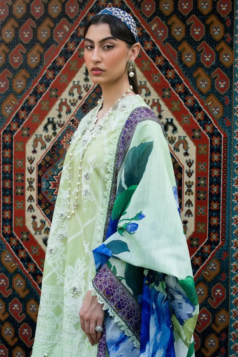 Muzlin By Sana Safinaz Stitched 3 Piece Embroidered Chambray Suit SS23MZ 12B - Green - Summer Collection