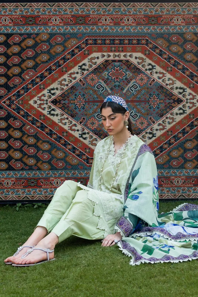 Muzlin By Sana Safinaz Stitched 3 Piece Embroidered Chambray Suit SS23MZ 12B - Green - Summer Collection