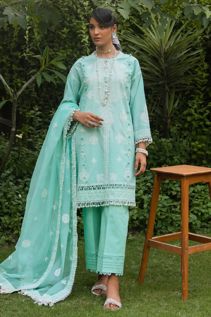 Muzlin By Sana Safinaz Stitched 3 Piece Embroidered Chambray Suit SS23MZ 5B - Green - Summer Collection