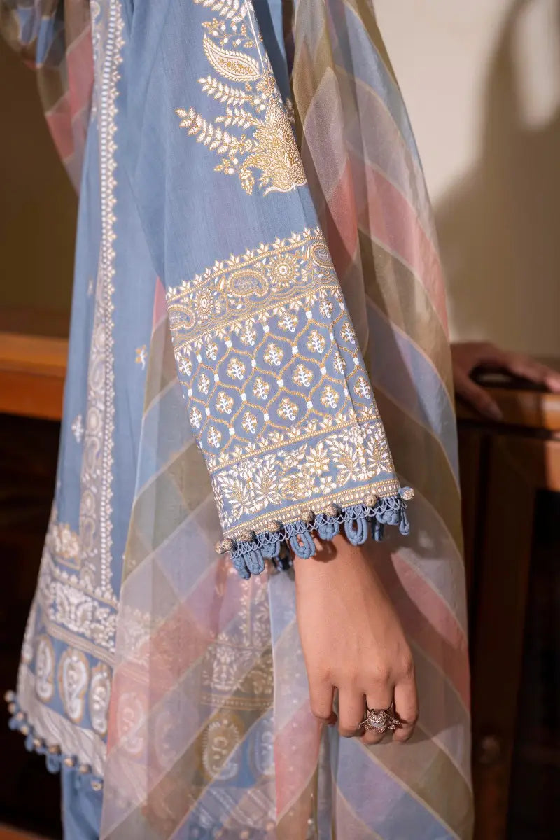 Muzlin By Sana Safinaz Stitched 3 Piece Embroidered Lawn Suit SS23MZ 10B - Blue - Summer Collection