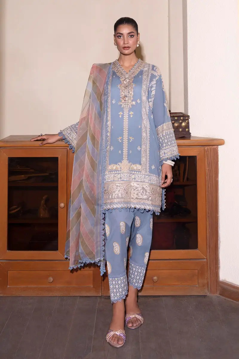 Muzlin By Sana Safinaz Stitched 3 Piece Embroidered Lawn Suit SS23MZ 10B - Blue - Summer Collection