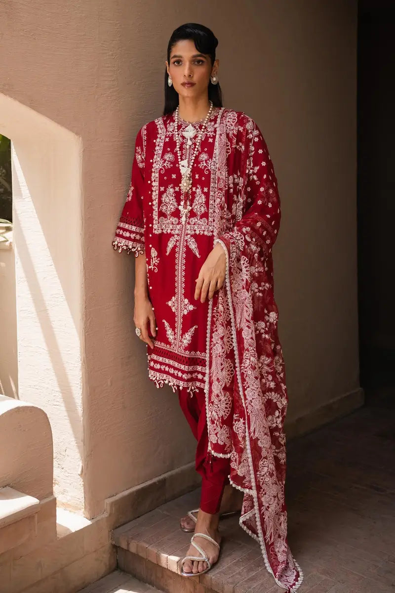 Muzlin By Sana Safinaz Stitched 3 Piece Embroidered Lawn Suit SS23MZ 11A - Red - Summer Collection