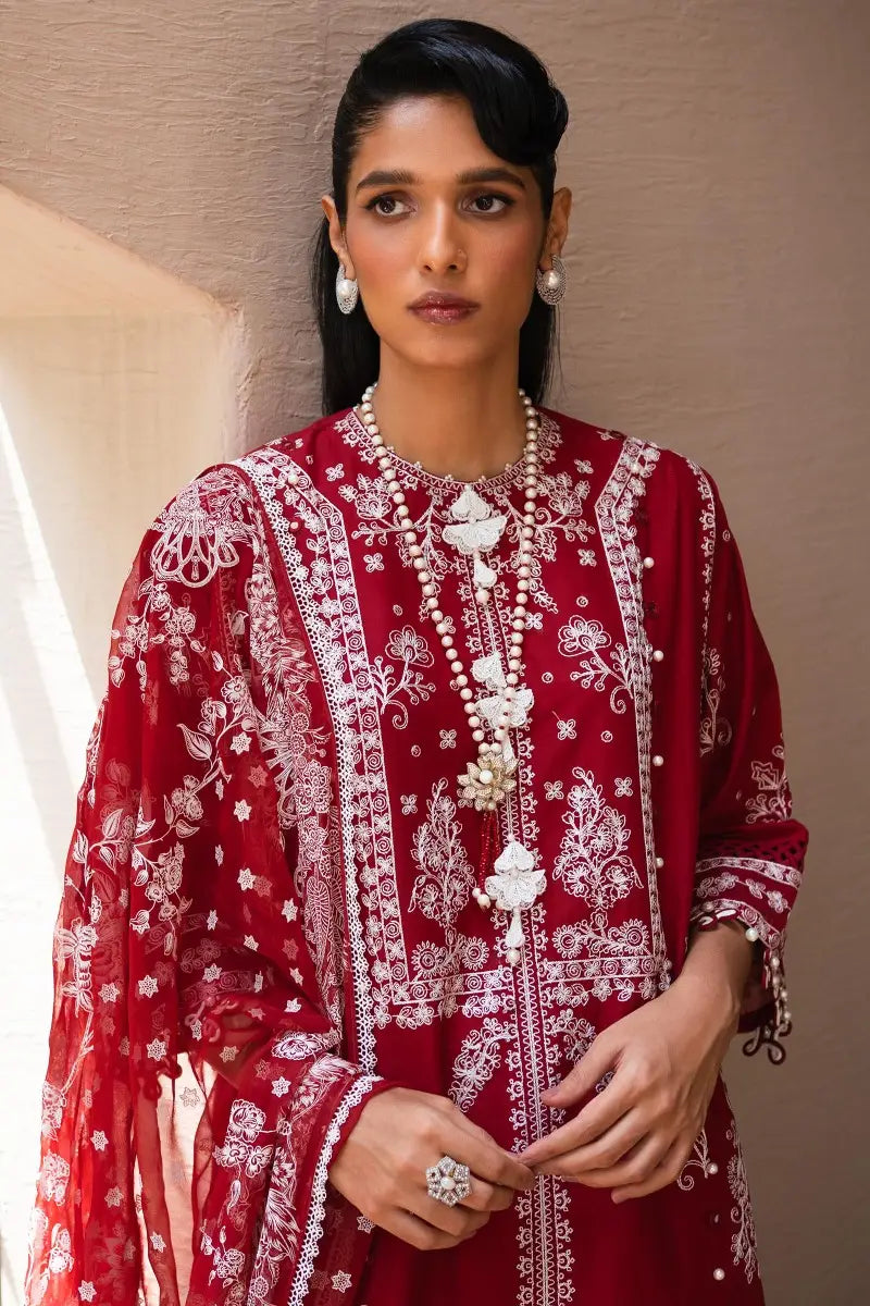 Muzlin By Sana Safinaz Stitched 3 Piece Embroidered Lawn Suit SS23MZ 11A - Red - Summer Collection