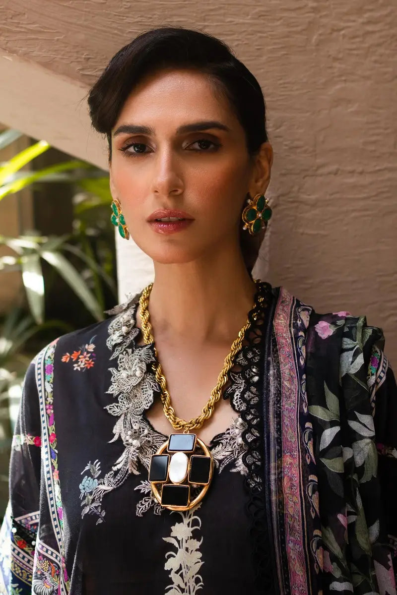 Muzlin By Sana Safinaz Stitched 3 Piece Embroidered Lawn Suit SS23MZ 13B - Black - Summer Collection