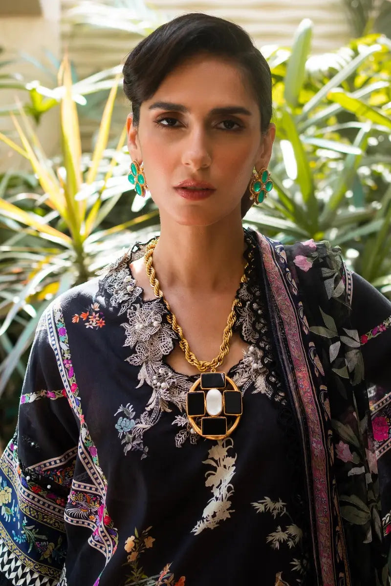 Muzlin By Sana Safinaz Stitched 3 Piece Embroidered Lawn Suit SS23MZ 13B - Black - Summer Collection