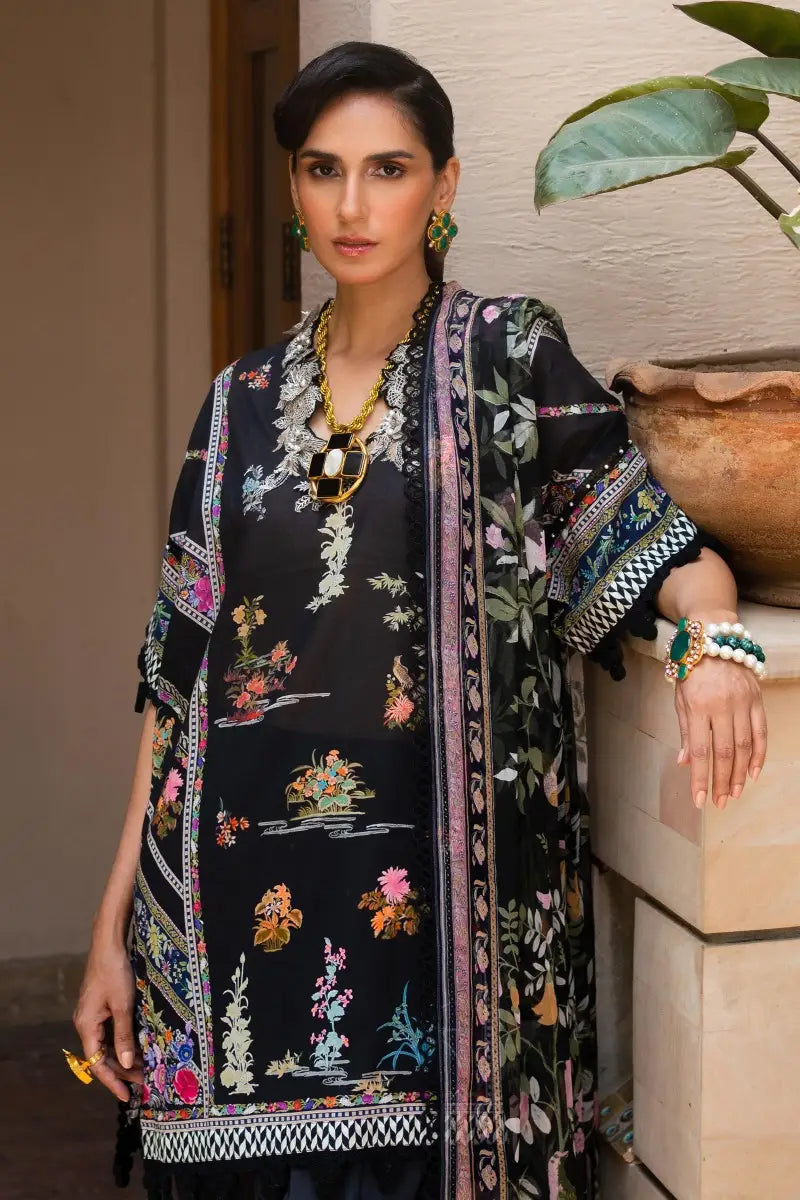 Muzlin By Sana Safinaz Stitched 3 Piece Embroidered Lawn Suit SS23MZ 13B - Black - Summer Collection