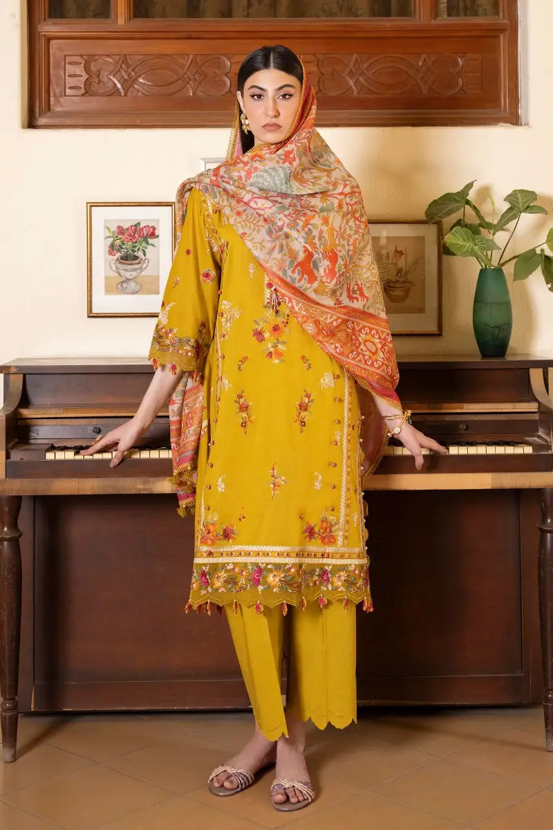 Muzlin By Sana Safinaz Stitched 3 Piece Embroidered Lawn Suit SS23MZ 15B - Yellow - Summer Collection