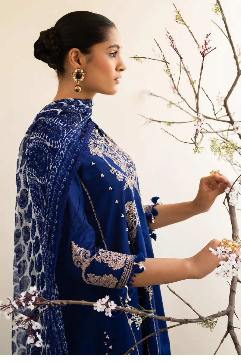 Muzlin By Sana Safinaz Stitched 3 Piece Embroidered Lawn Suit SS23MZ 16B - Blue - Summer Collection