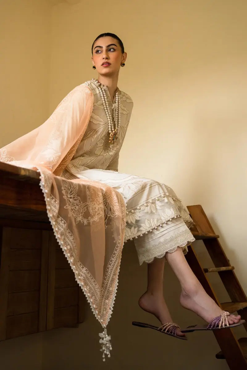 Muzlin By Sana Safinaz Stitched 3 Piece Embroidered Lawn Suit SS23MZ 1B - White - Summer Collection