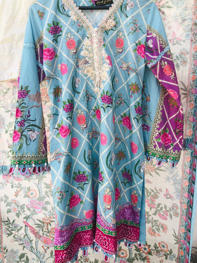 Muzlin By Sana Safinaz Stitched 3 Piece Embroidered Lawn Suit SS23MZ 4A - Blue - Summer Collection