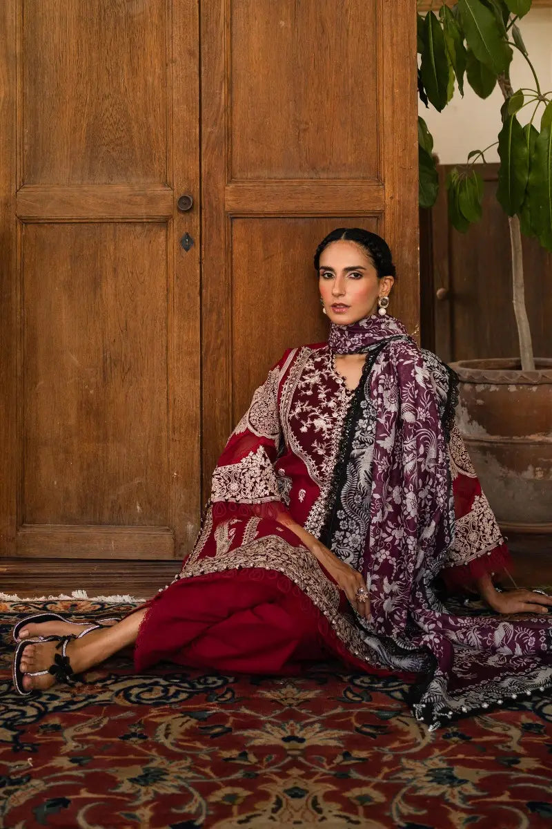 Muzlin By Sana Safinaz Stitched 3 Piece Embroidered Woven Suit SS23MZ 3A - Red - Summer Collection