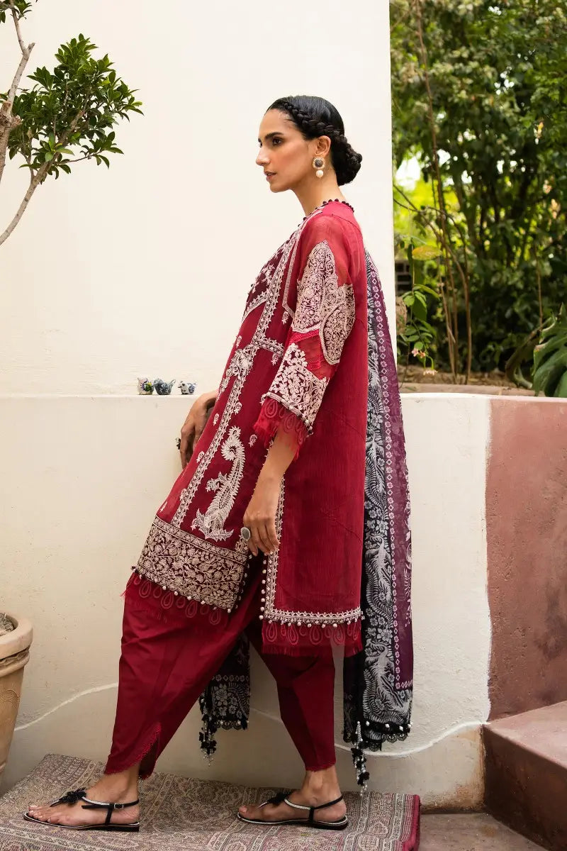 Muzlin By Sana Safinaz Stitched 3 Piece Embroidered Woven Suit SS23MZ 3A - Red - Summer Collection