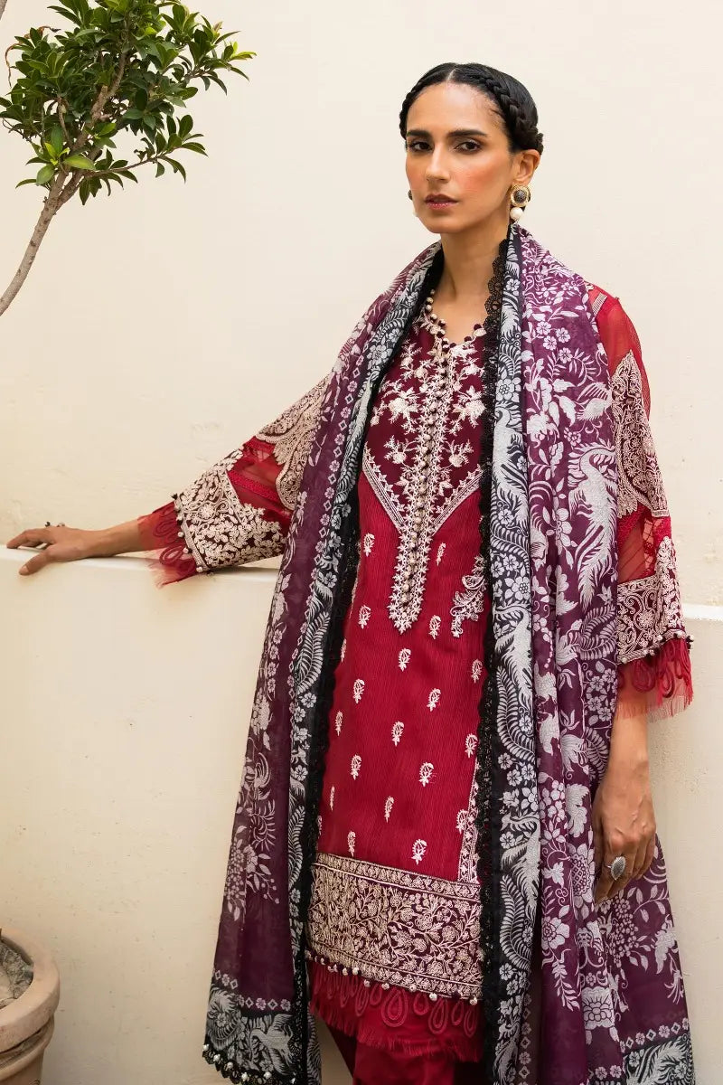 Muzlin By Sana Safinaz Stitched 3 Piece Embroidered Woven Suit SS23MZ 3A - Red - Summer Collection