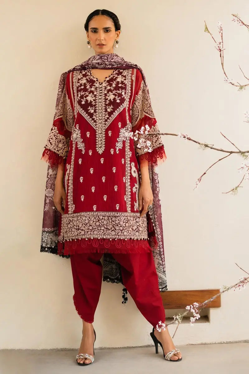 Muzlin By Sana Safinaz Stitched 3 Piece Embroidered Woven Suit SS23MZ 3A - Red - Summer Collection