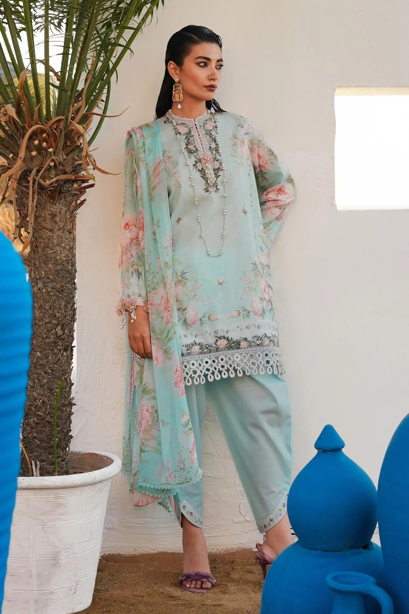 Muzlin Lawn By Sana Safinaz Stitched 3 Piece Embroidered Lawn Suit M241-004A-3CI - Blue - Summer Collection