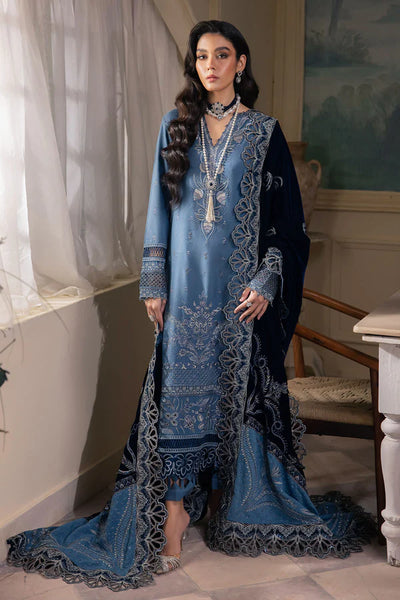 Nureh Unstitched 3 Piece Embroidered Leather Peach Suit NU23LV NE-69 - OCEAN BLUE - Winter Collection