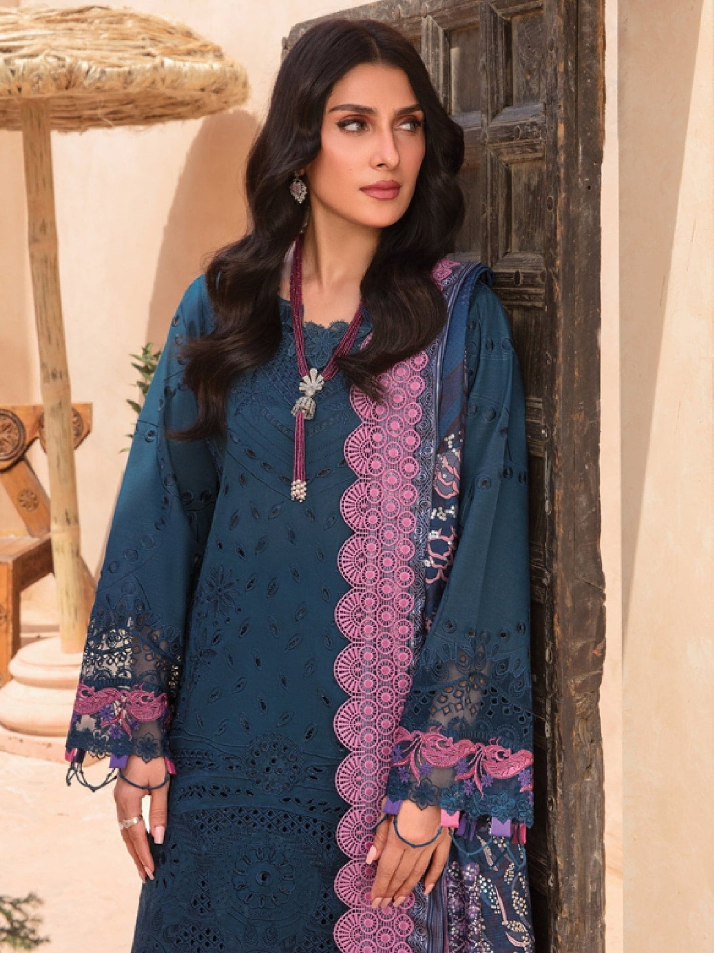 Rang Rasiya Premium Unstitched 3 Piece Embroidered Lawn Suit D-04 OCEAN - Luxury Summer Collection D & M COLLECTION AND NIZAMI JEWELRY