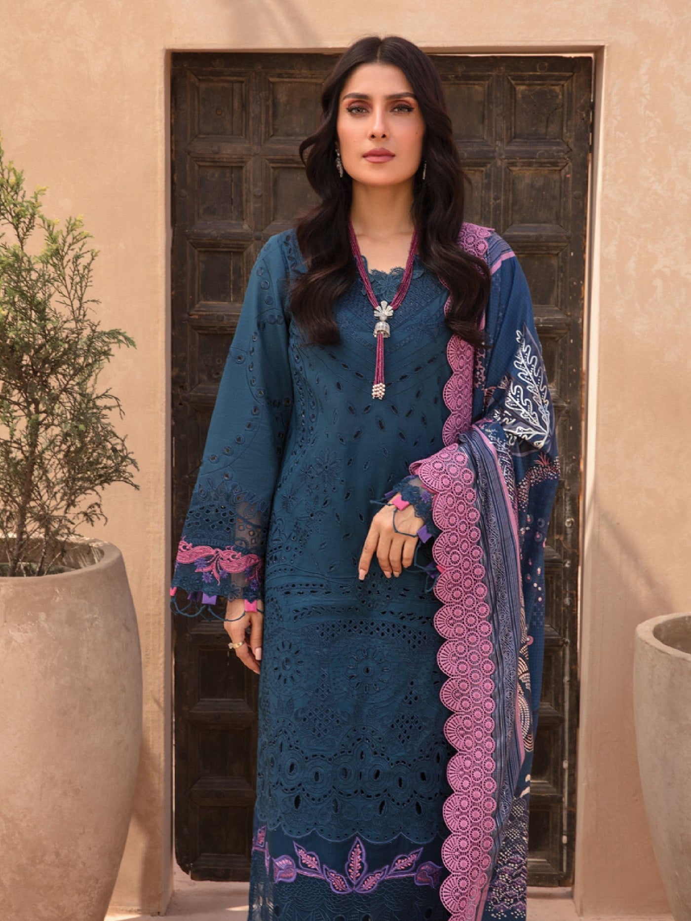 Rang Rasiya Premium Unstitched 3 Piece Embroidered Lawn Suit D-04 OCEAN - Luxury Summer Collection D & M COLLECTION AND NIZAMI JEWELRY