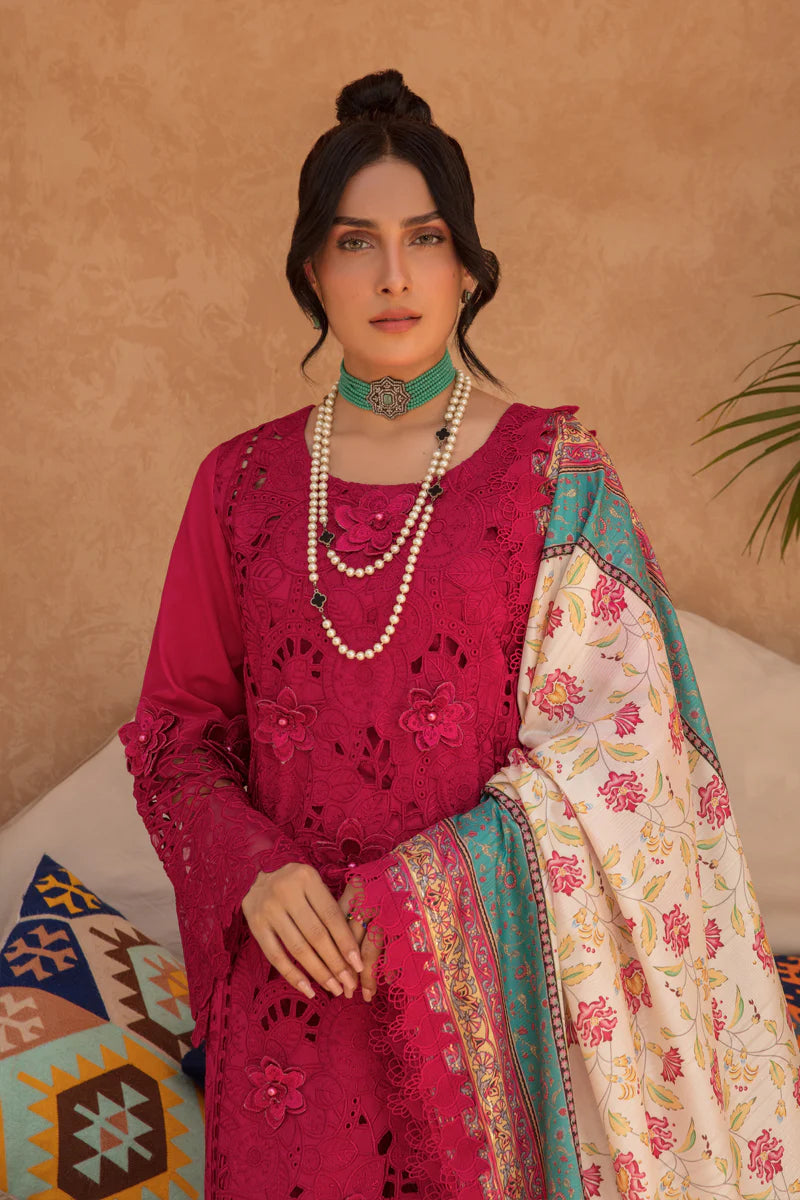 Rang Rasiya Premium Unstitched 3 Piece Embroidered Lawn Suit D-08 RUBELLITE - Luxury Summer Collection D & M COLLECTION AND NIZAMI JEWELRY