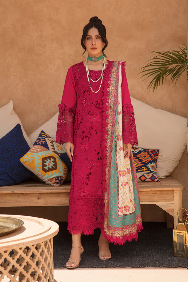 Rang Rasiya Premium Unstitched 3 Piece Embroidered Lawn Suit D-08 RUBELLITE - Luxury Summer Collection D & M COLLECTION AND NIZAMI JEWELRY