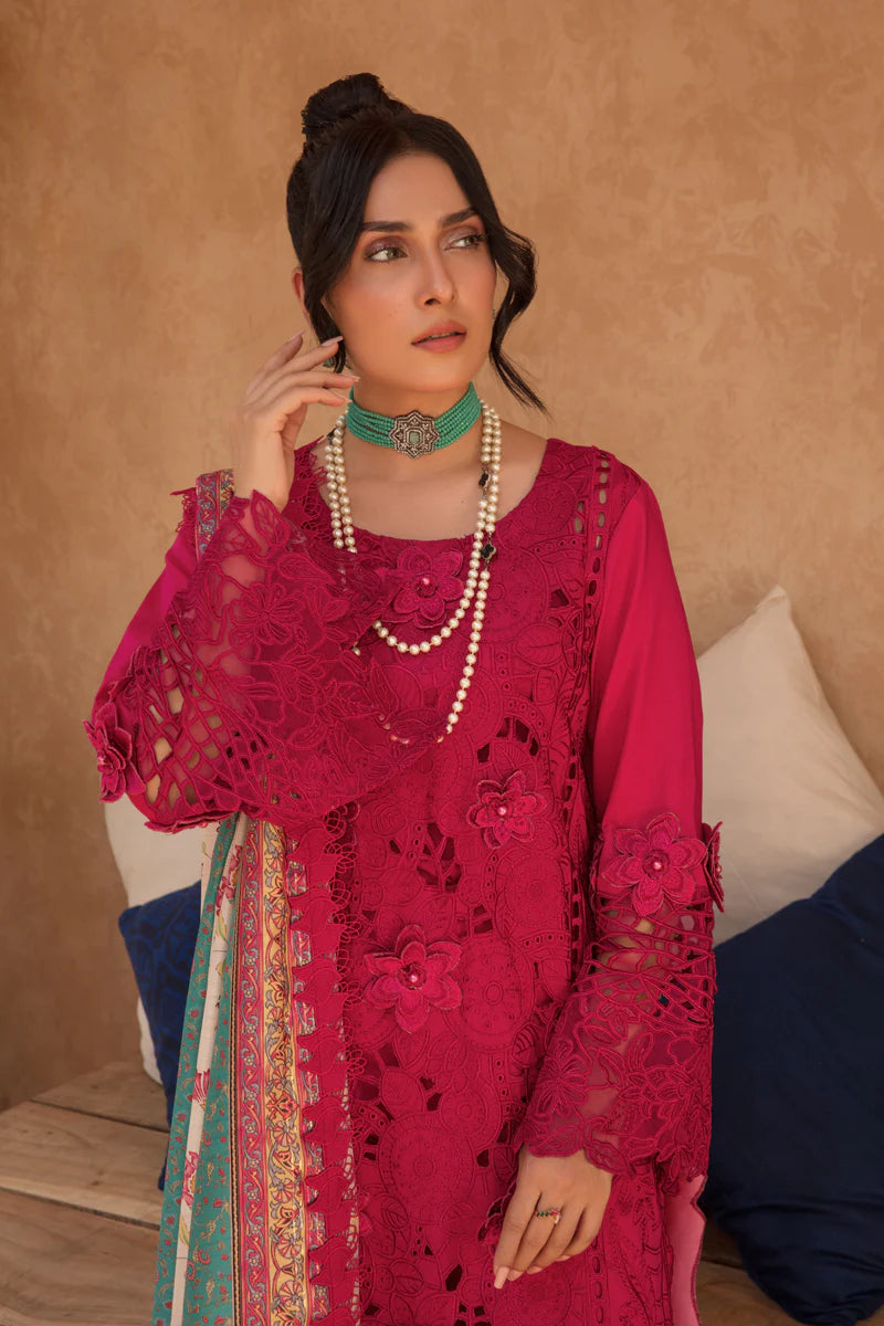 Rang Rasiya Premium Unstitched 3 Piece Embroidered Lawn Suit D-08 RUBELLITE - Luxury Summer Collection D & M COLLECTION AND NIZAMI JEWELRY