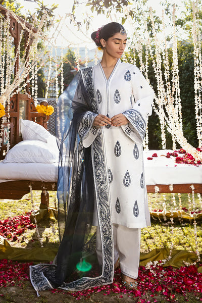 Raqs By Ayzel Stitched 3 Piece Embroidered Lawn Suit - 05 Neelam - Festive Collection D & M COLLECTION AND NIZAMI JEWELRY