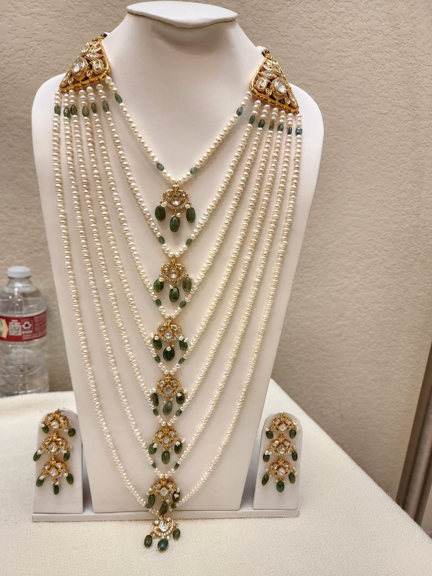 Traditional Hyderabadi Saathladah Made On 6 Carat Gold Made On Real Pearls , Real Emerald & Mozinite Stone S-74