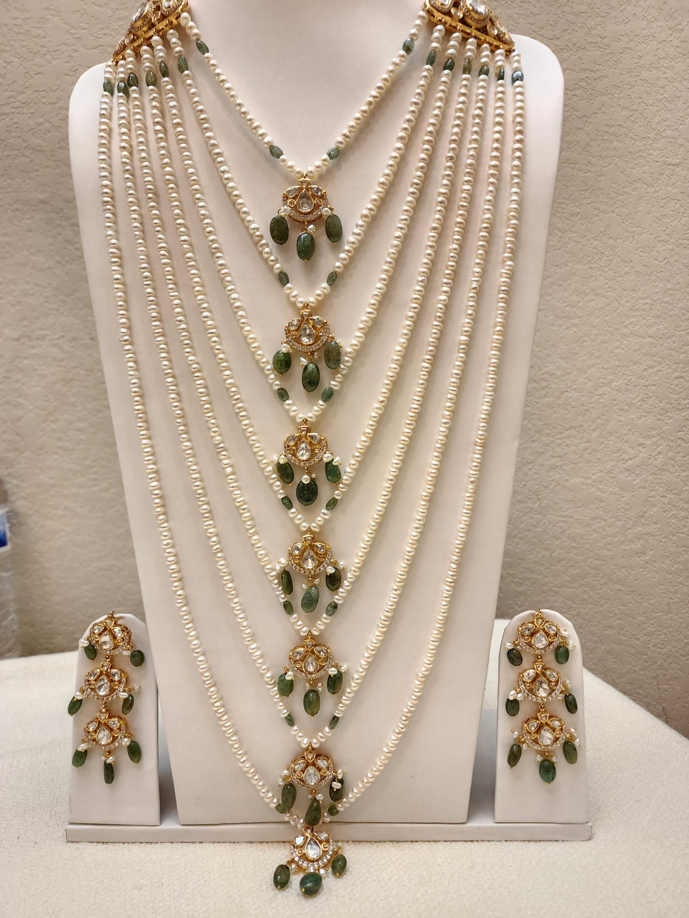 Traditional Hyderabadi Saathladah Made On 6 Carat Gold Made On Real Pearls , Real Emerald & Mozinite Stone S-74