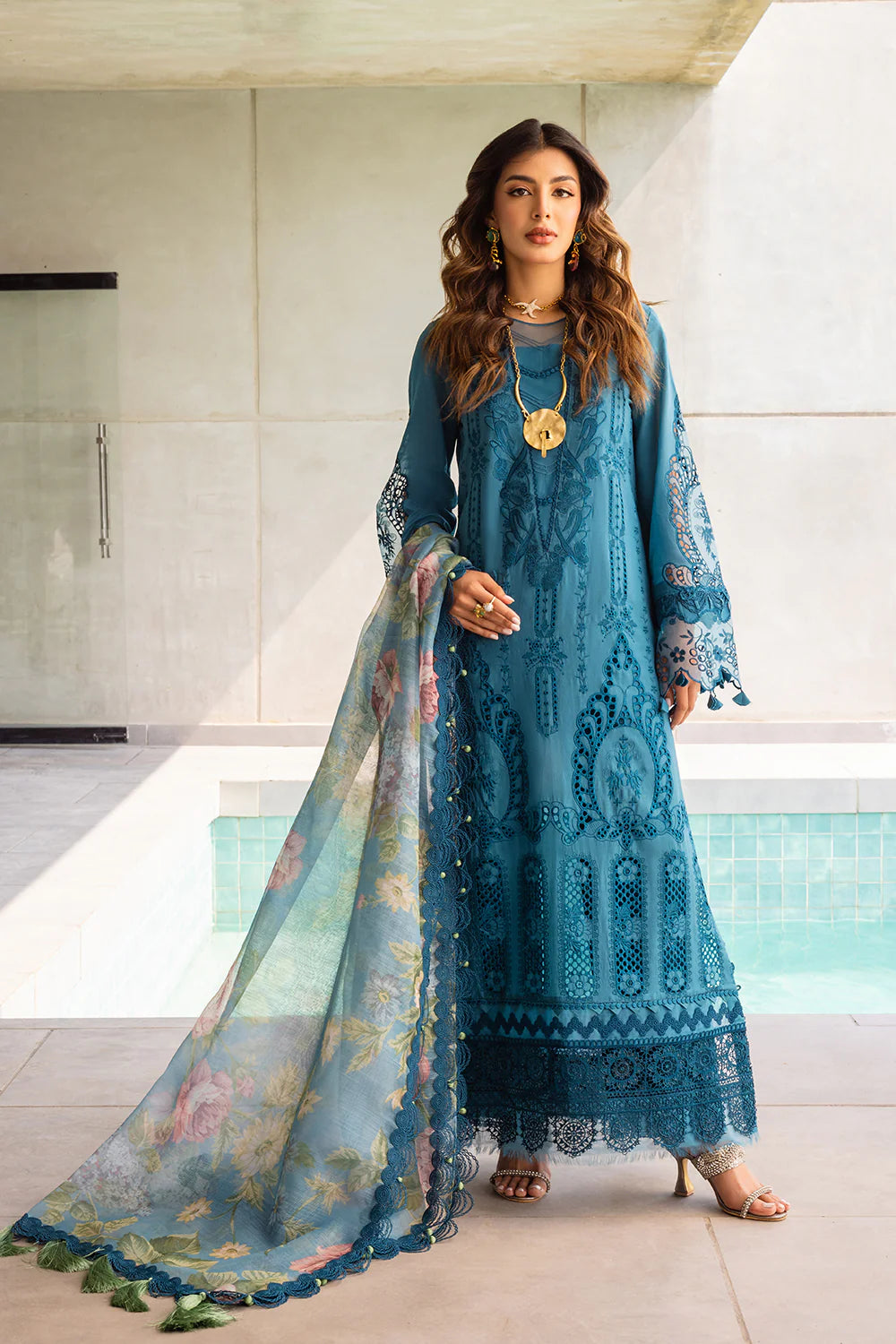 Saira Rizwan Stitched 3 Piece Embroidered Lawn Suit SR24LL Sapphire - Luxury Collection