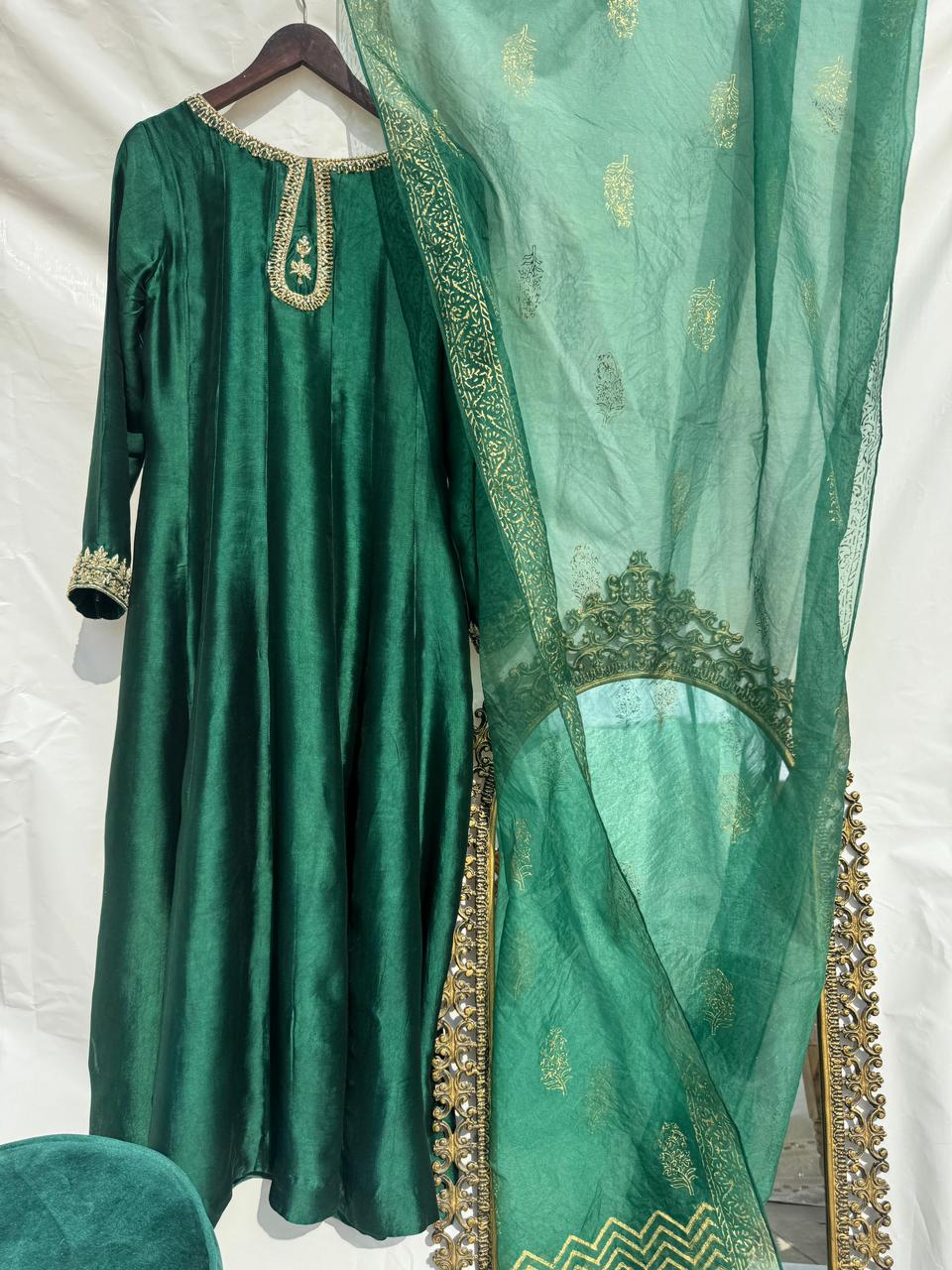 Stitched 3 Piece Green Sheesha Silk Suit with Zardosi Work of Kora Dabka, SEC07 - Luxury D&M Signature Eid Collection