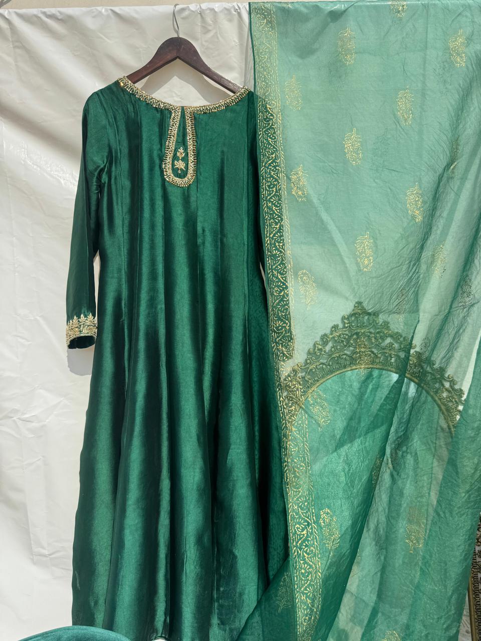 Stitched 3 Piece Green Sheesha Silk Suit with Zardosi Work of Kora Dabka, SEC07 - Luxury D&M Signature Eid Collection LARGE