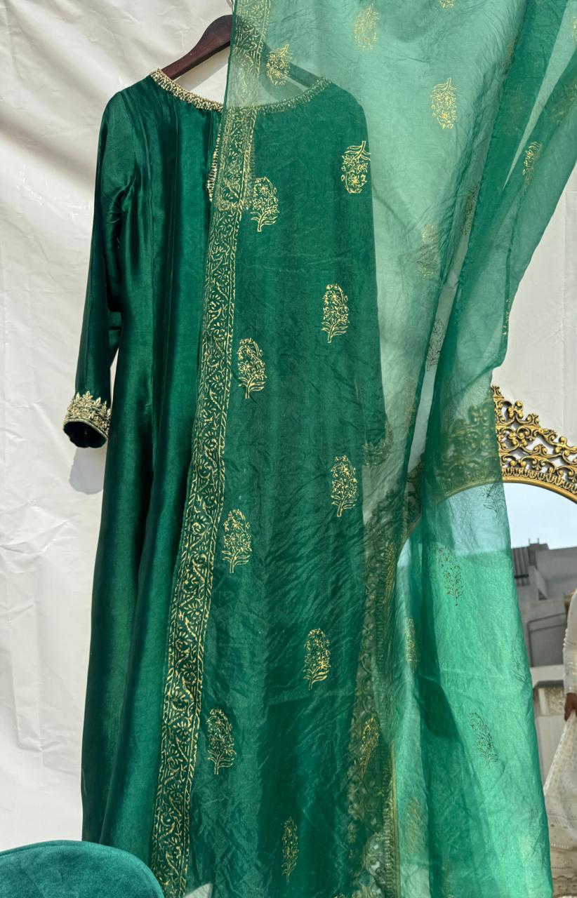 Stitched 3 Piece Green Sheesha Silk Suit with Zardosi Work of Kora Dabka, SEC07 - Luxury D&M Signature Eid Collection