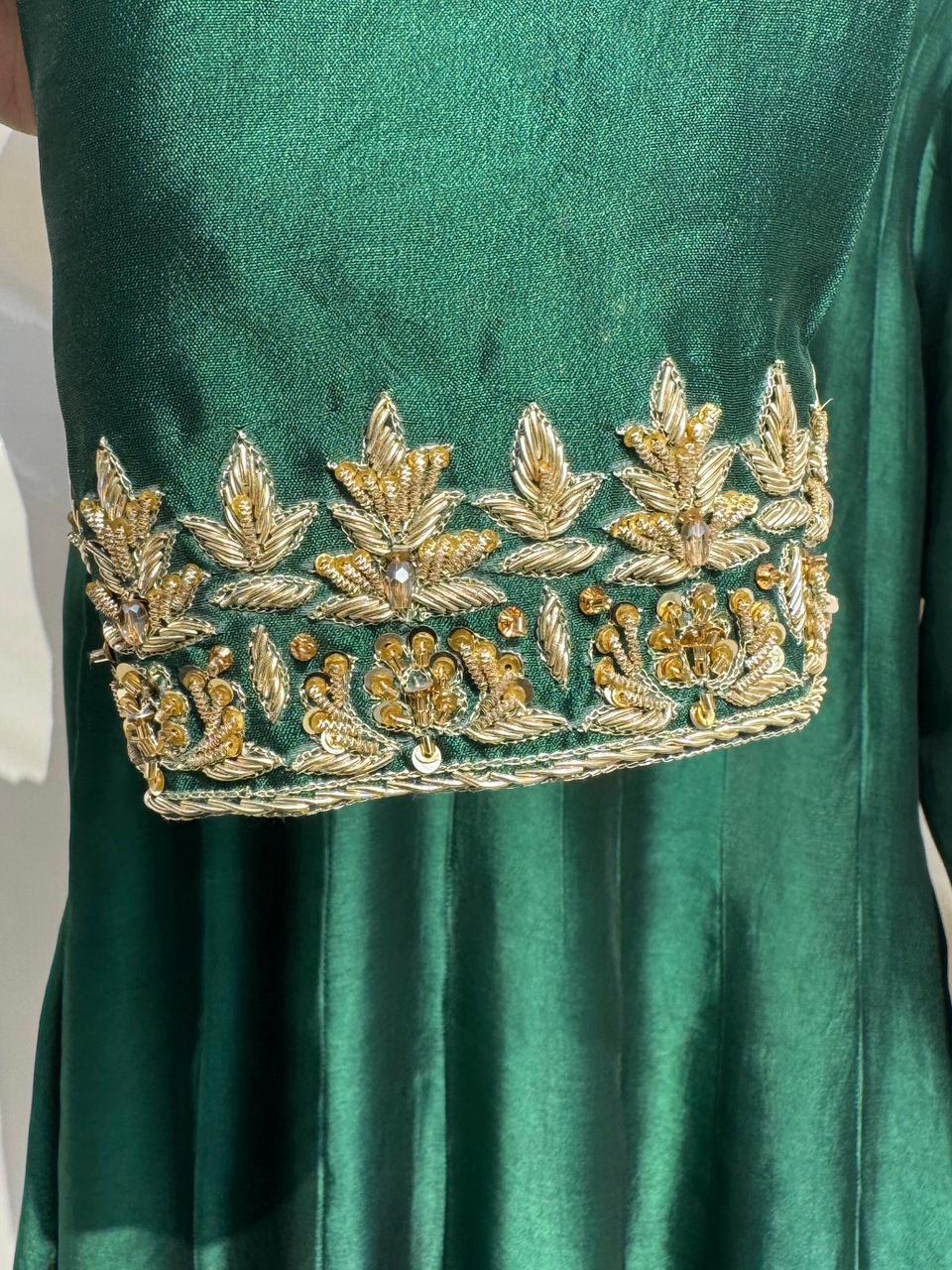 Stitched 3 Piece Green Sheesha Silk Suit with Zardosi Work of Kora Dabka, SEC07 - Luxury D&M Signature Eid Collection