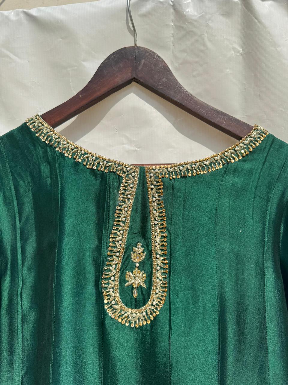 Stitched 3 Piece Green Sheesha Silk Suit with Zardosi Work of Kora Dabka, SEC07 - Luxury D&M Signature Eid Collection