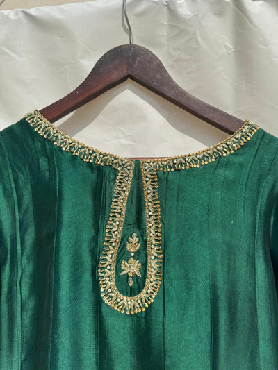 Stitched 3 Piece Green Sheesha Silk Suit with Zardosi Work of Kora Dabka, SEC07 - Luxury D&M Signature Eid Collection