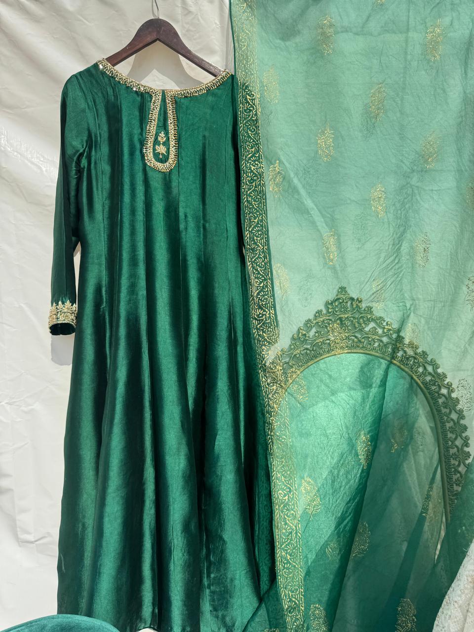 Stitched 3 Piece Green Sheesha Silk Suit with Zardosi Work of Kora Dabka, SEC07 - Luxury D&M Signature Eid Collection