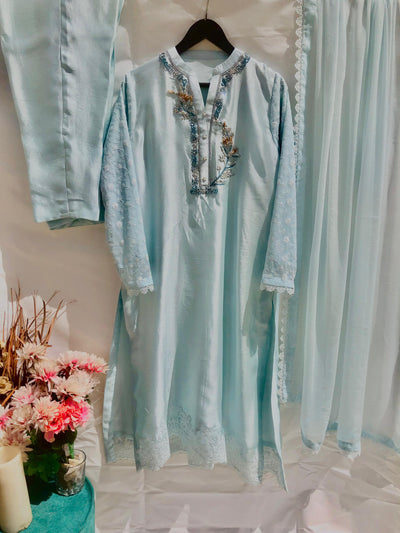 Stitched 3 Piece Silk Suit with Handmade Embroidered Dabka SEC04 - Luxury D&M Signature Eid Collection