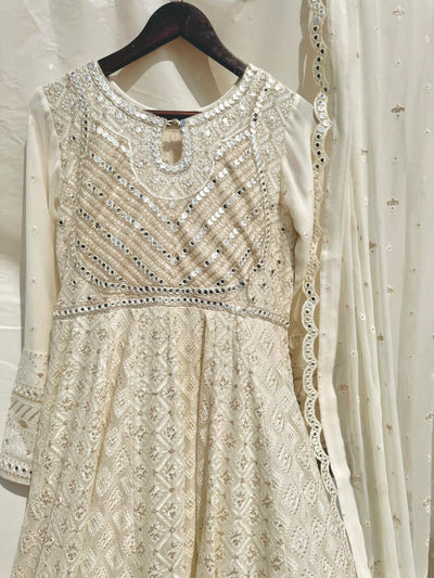 Stitched 3 Piece White is Embroidered Chiffon Pishwas with Sheesha and Zardosi work Suit, SEC08 - Luxury D&M Signature Eid Collection