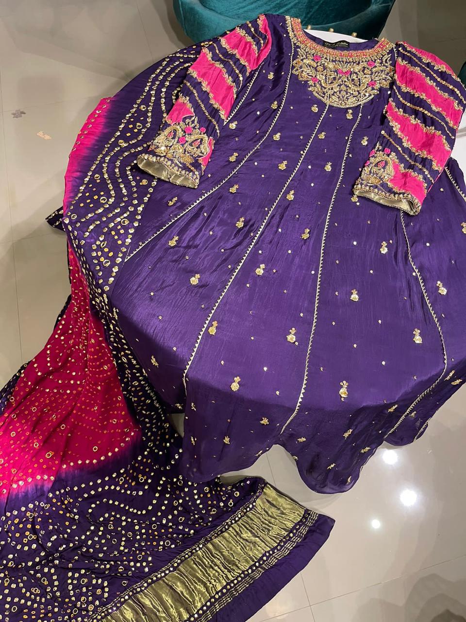 Stitched Beautiful Stitched 3 Pc Pure Crepe Silk Pishwas With Rawsilk Pants & Gari Kamdani Dupatta - RTW-03 - Luxury D&M Signature Eid Collection D & M COLLECTION AND NIZAMI JEWELRY