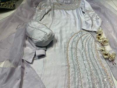 Stitched Pure Rawsilk Shirt & Pant Pairing with Pure Organza Dupatta - RTW-01 - Luxury D&M Signature Eid Collection D & M COLLECTION AND NIZAMI JEWELRY