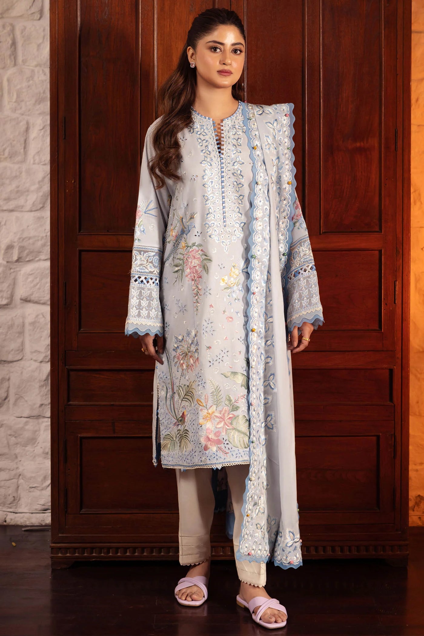 Zaha By Khadijah Shah Stitched 3 Piece Embroidered Lawn Suit ZKS24F ZL24-01 B ELA - Festive Collection