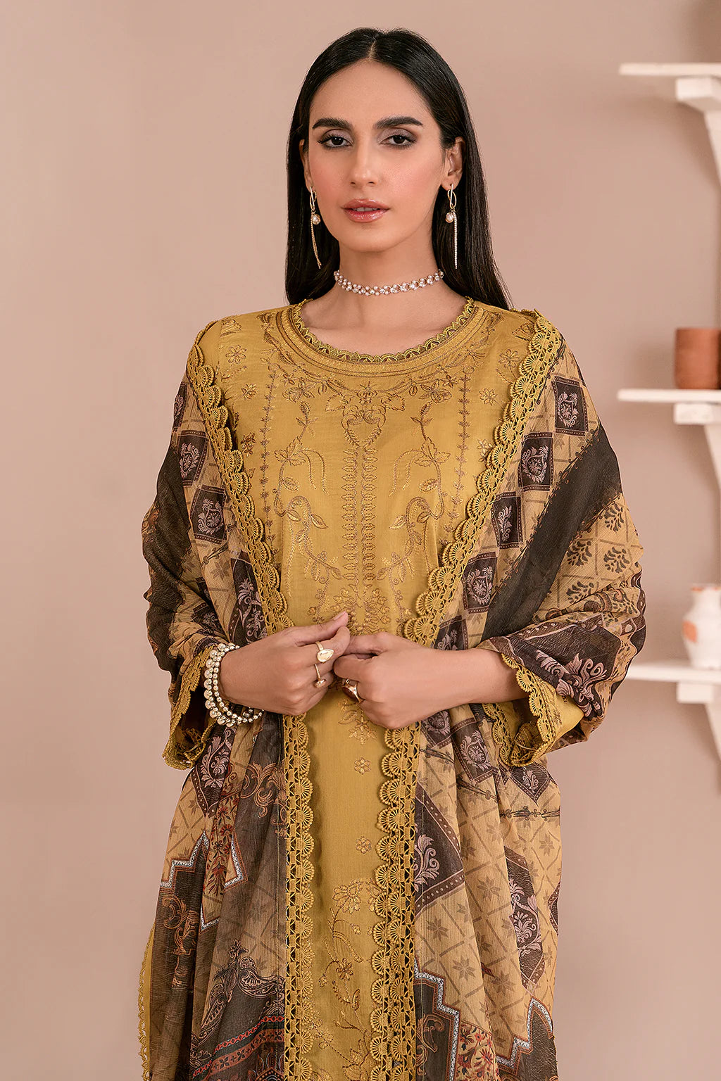 Zarif Unstitched 3 Piece Embroidered Lawn Suit ZEA-03 HONEY - Eid Collection D & M COLLECTION AND NIZAMI JEWELRY