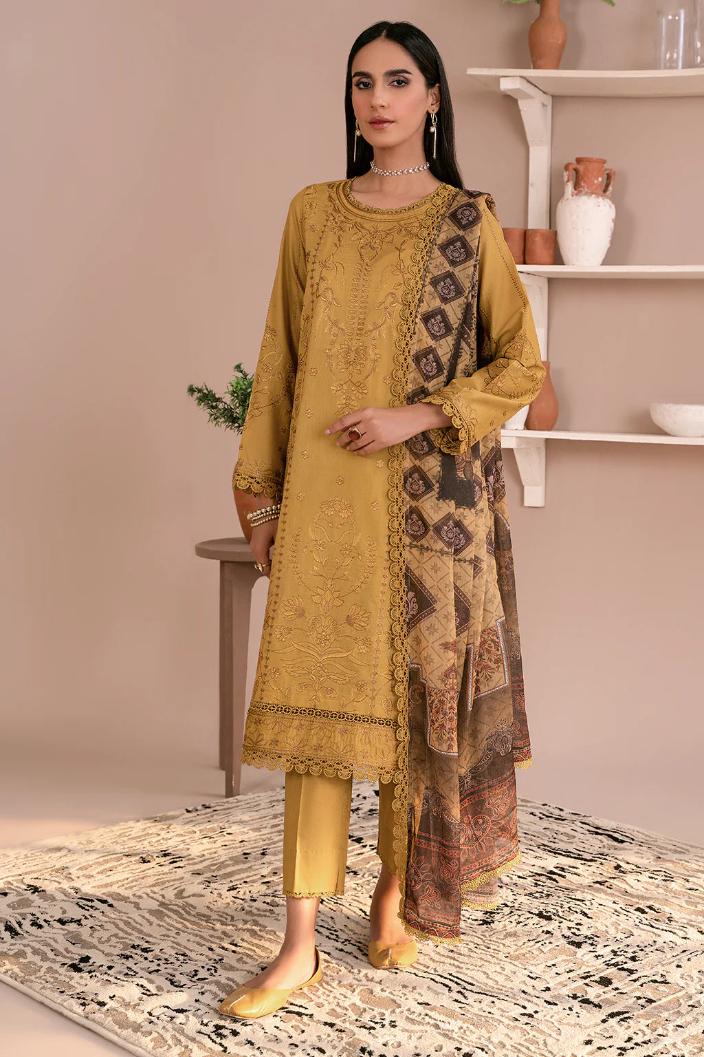 Zarif Unstitched 3 Piece Embroidered Lawn Suit ZEA-03 HONEY - Eid Collection D & M COLLECTION AND NIZAMI JEWELRY