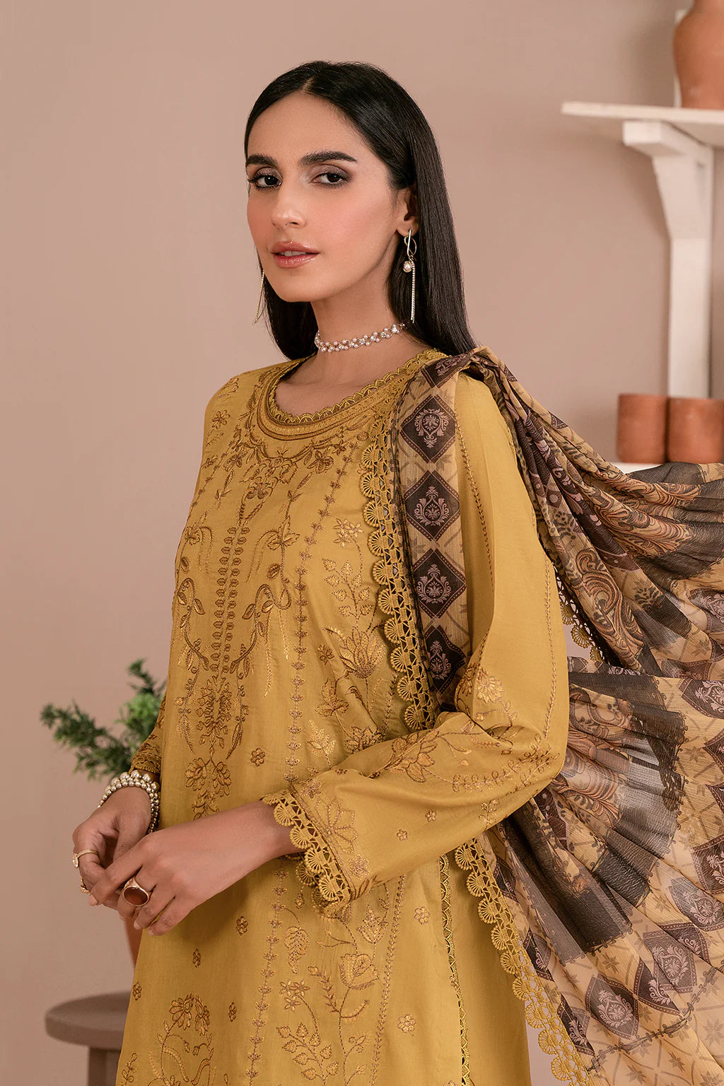 Zarif Unstitched 3 Piece Embroidered Lawn Suit ZEA-03 HONEY - Eid Collection D & M COLLECTION AND NIZAMI JEWELRY