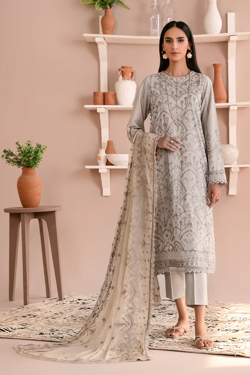 Zarif Unstitched 3 Piece Embroidered Lawn Suit ZEA-05 HAZE - Eid Collection D & M COLLECTION AND NIZAMI JEWELRY