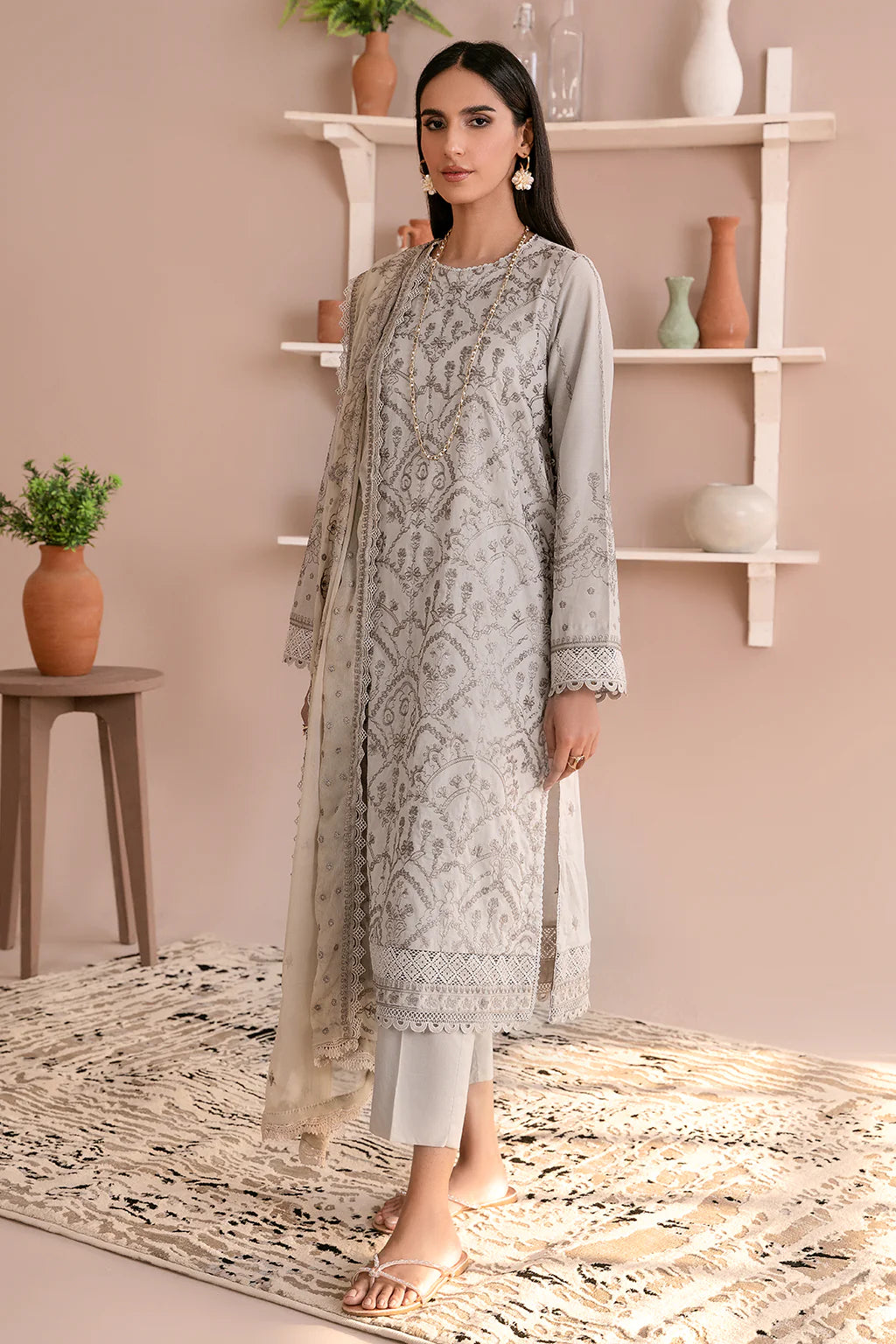 Zarif Unstitched 3 Piece Embroidered Lawn Suit ZEA-05 HAZE - Eid Collection D & M COLLECTION AND NIZAMI JEWELRY