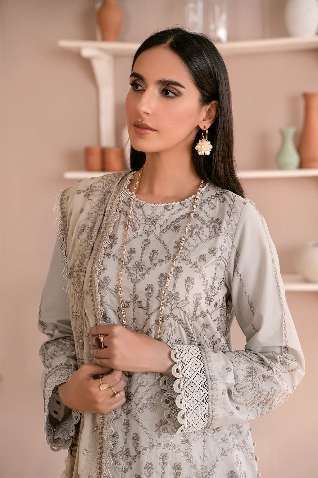 Zarif Unstitched 3 Piece Embroidered Lawn Suit ZEA-05 HAZE - Eid Collection D & M COLLECTION AND NIZAMI JEWELRY